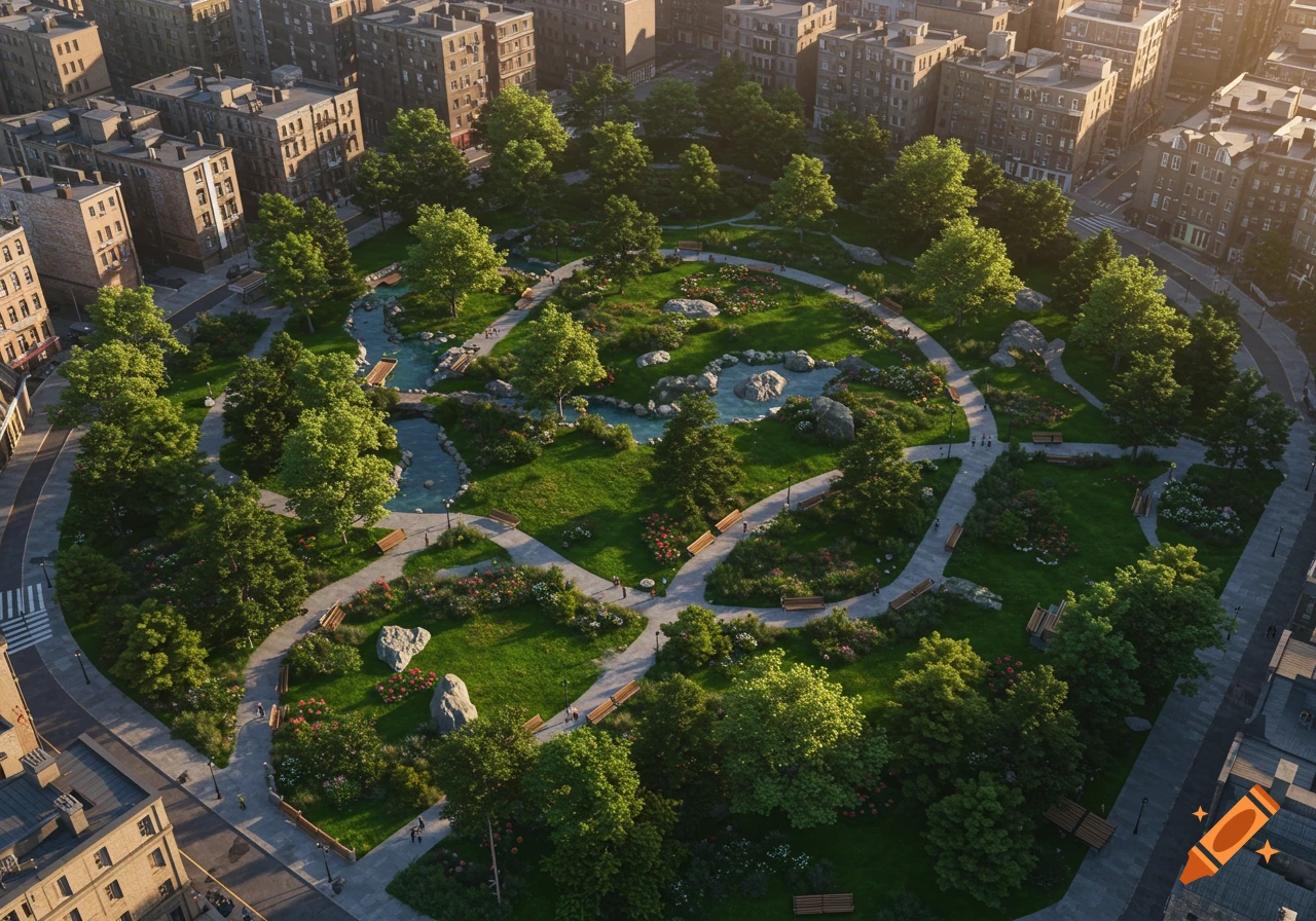 Orthogonal aerial view of a lush city park with winding paths, trees, and streams, surrounded by urban buildings.