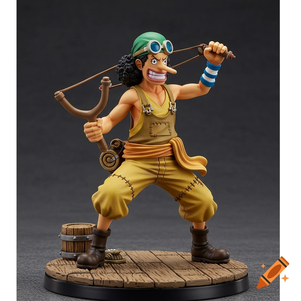 Usopp figurine from One Piece, wearing a green bandana and overalls, holding a slingshot on a wooden base.