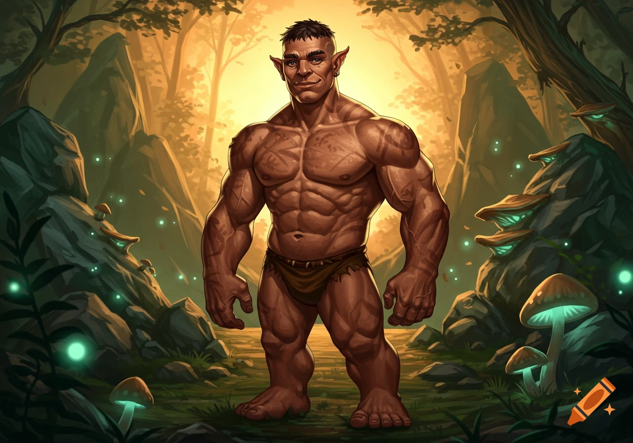A muscular, short fantasy creature with pointy ears and tribal markings stands in an enchanted forest with glowing mushrooms. Stylized illustration.