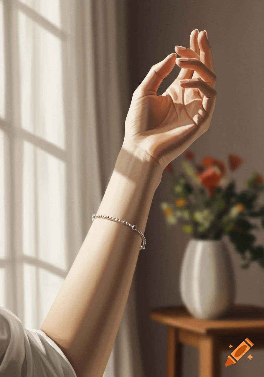 A woman's arm and hand with a silver bracelet, bathed in sunlight from a window, with a blurred vase of flowers in the background.