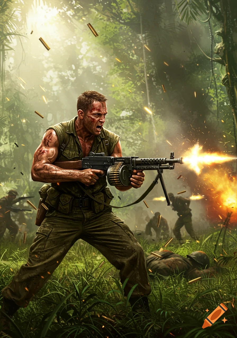 A determined soldier, with blood on his face and arms, fires a machine gun in a dense Vietnam jungle combat scene.