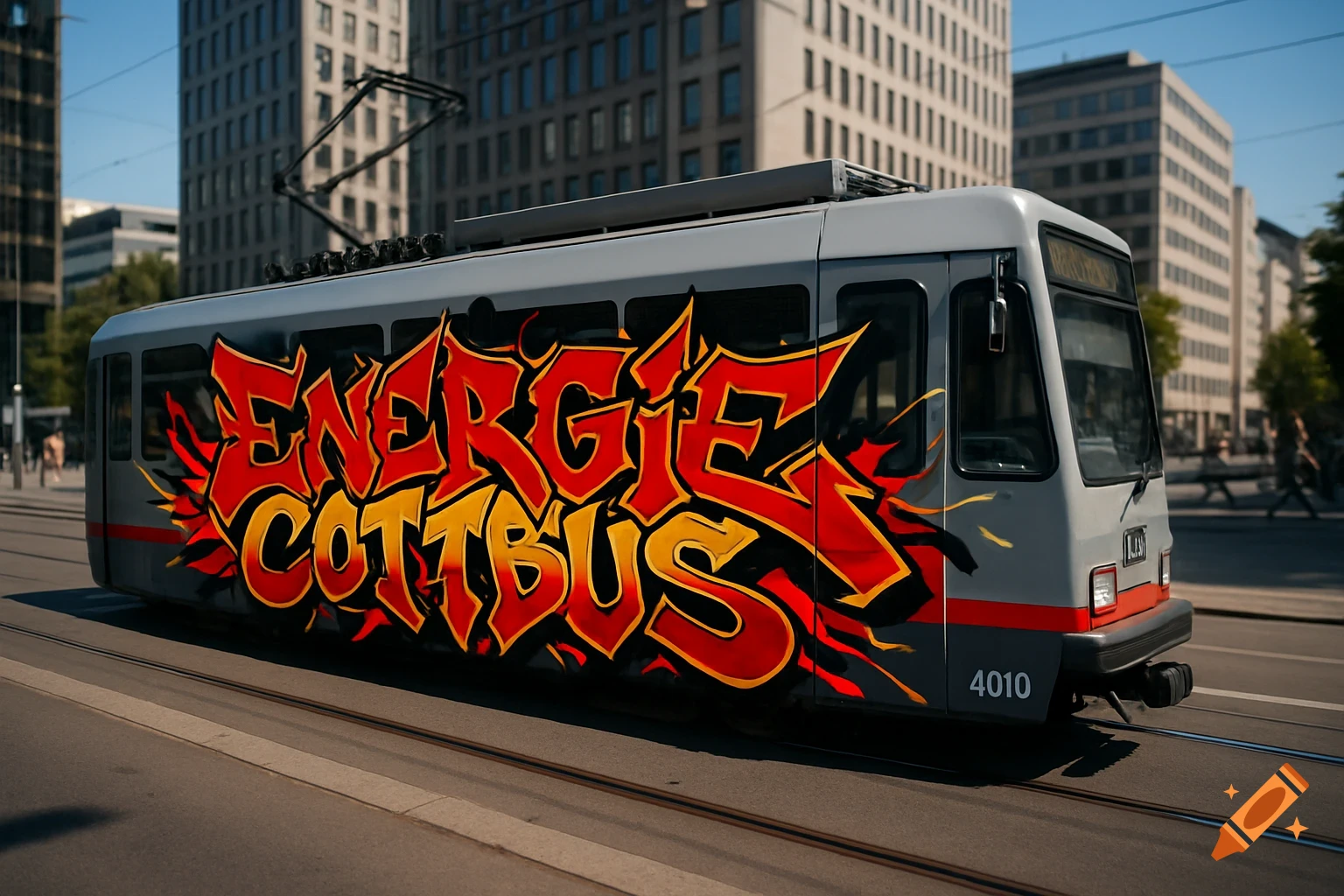 A gray German tram covered in red and yellow 'Energie Cottbus' wildstyle graffiti, on tracks in a city.