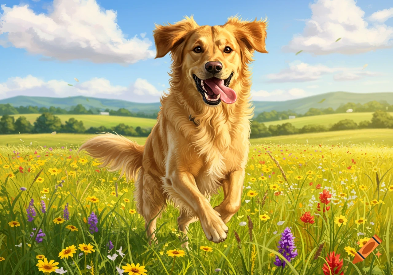 A happy golden retriever dog runs through a vibrant field of yellow and ...