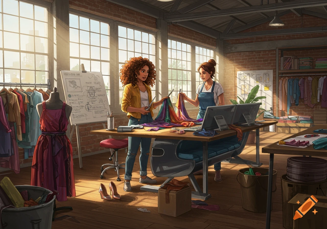 Two women working with colorful fabric in a sunlit fashion design studio with clothing racks and equipment, digital art.