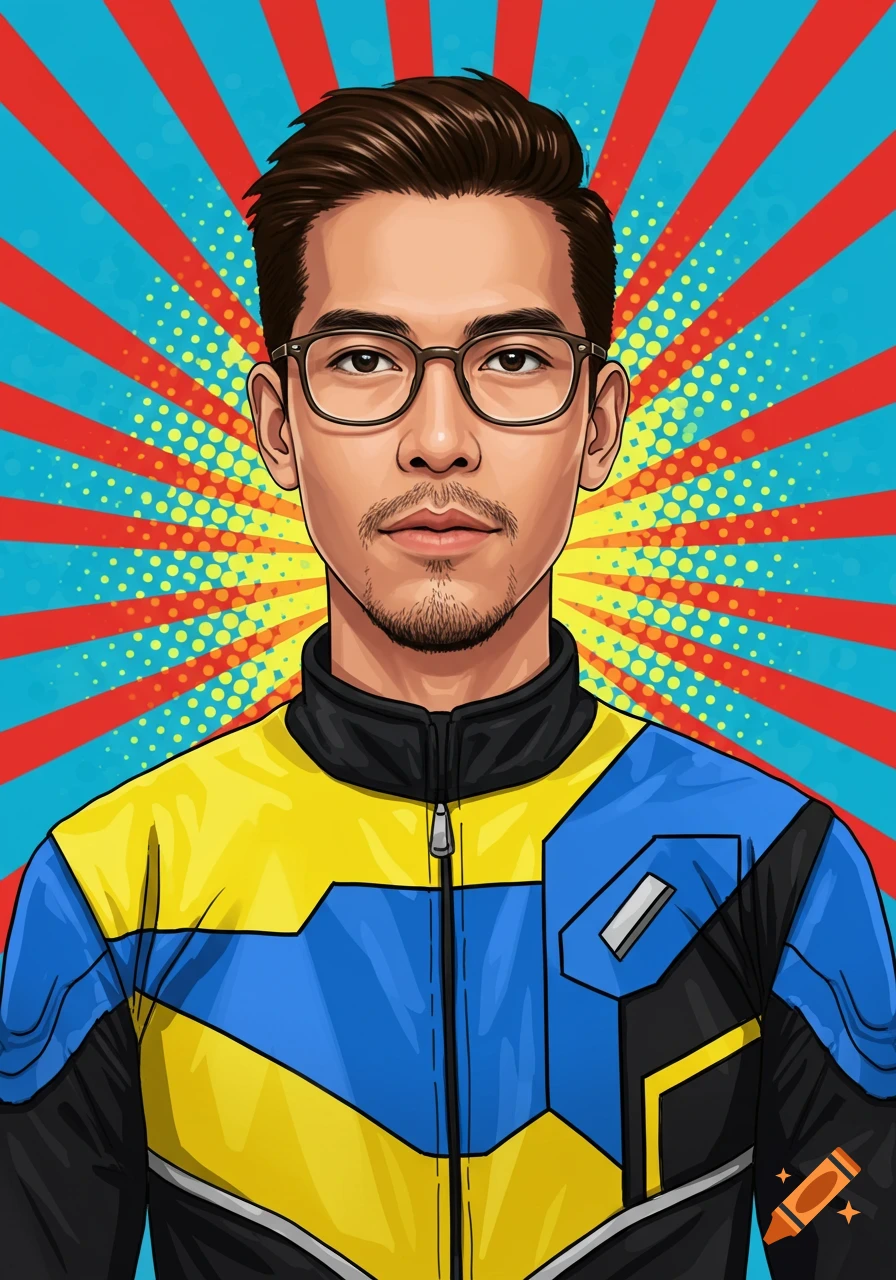 Pop art portrait of a man with glasses and goatee in a futuristic blue and yellow jacket against a retro comic background.