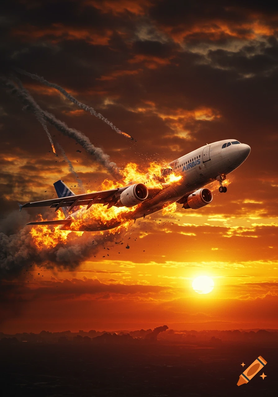A white Airbus passenger plane engulfed in flames and smoke, with missiles firing, against a dramatic orange sunset sky.