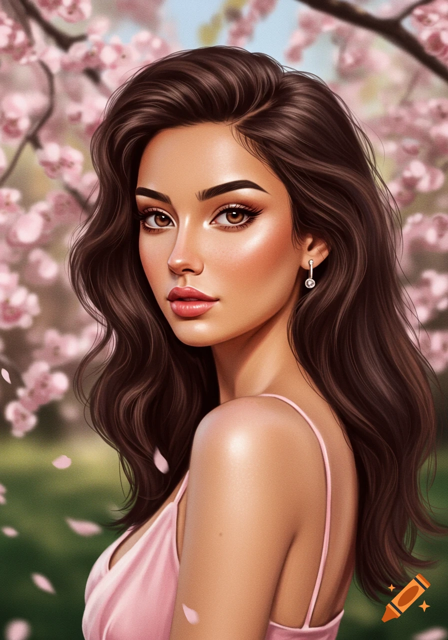 Stylized portrait of a young woman with long brown hair in a pink dress, surrounded by pink cherry blossoms.