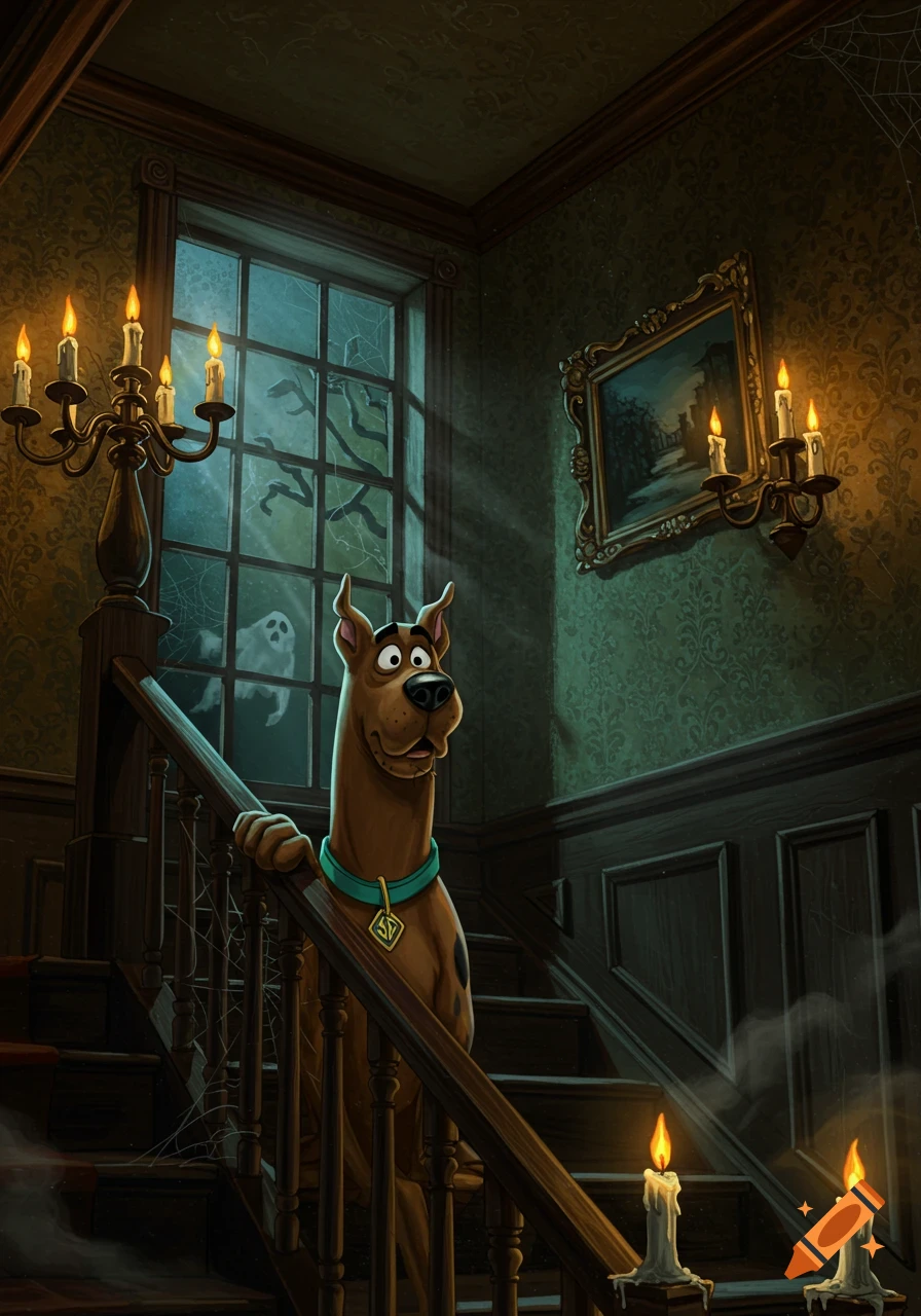 Scooby Doo stands surprised on a wooden staircase in a dimly lit, candlelit haunted house, with a ghost visible outside a window.