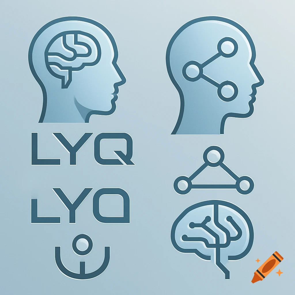 Blue-grey icons: two profile head silhouettes (one with a brain, one with network nodes), LYQ text, and network/brain symbols.