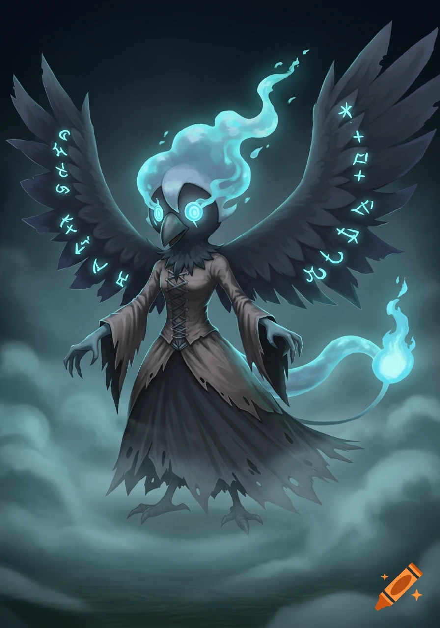 Ethereal crow spirit in a tattered dress with glowing blue flames and sigils on its wings, standing in mist. Digital fantasy art.