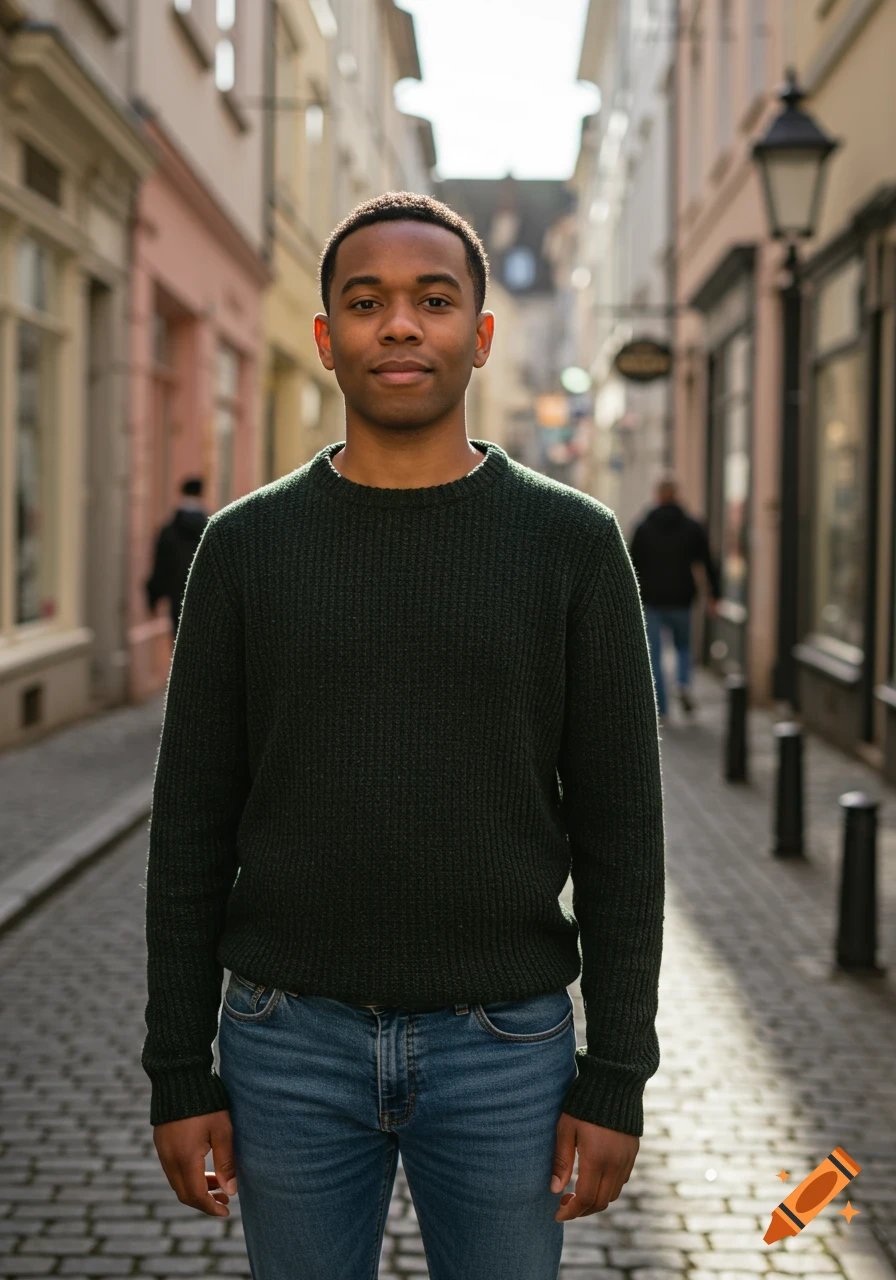 A young Black man wearing a dark green sweater and jeans stands in the middle of a narrow, cobblestone street lined with old buildings.