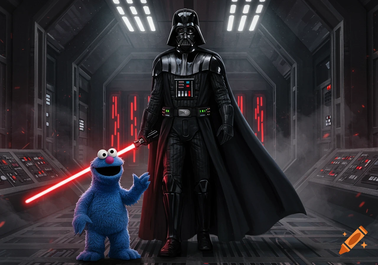 Darth Vader stands with a red lightsaber next to Cookie Monster in a dark sci-fi corridor.