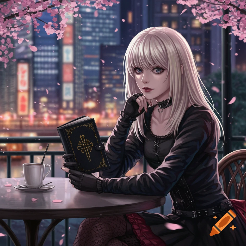 A blonde woman in gothic fashion sits at a table on a city balcony at night under cherry blossoms, holding a black book.