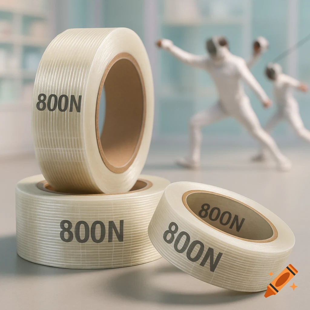Three rolls of transparent parcel tape with '800N' on them, in a 3D product shot style, with blurred fencers in the background.
