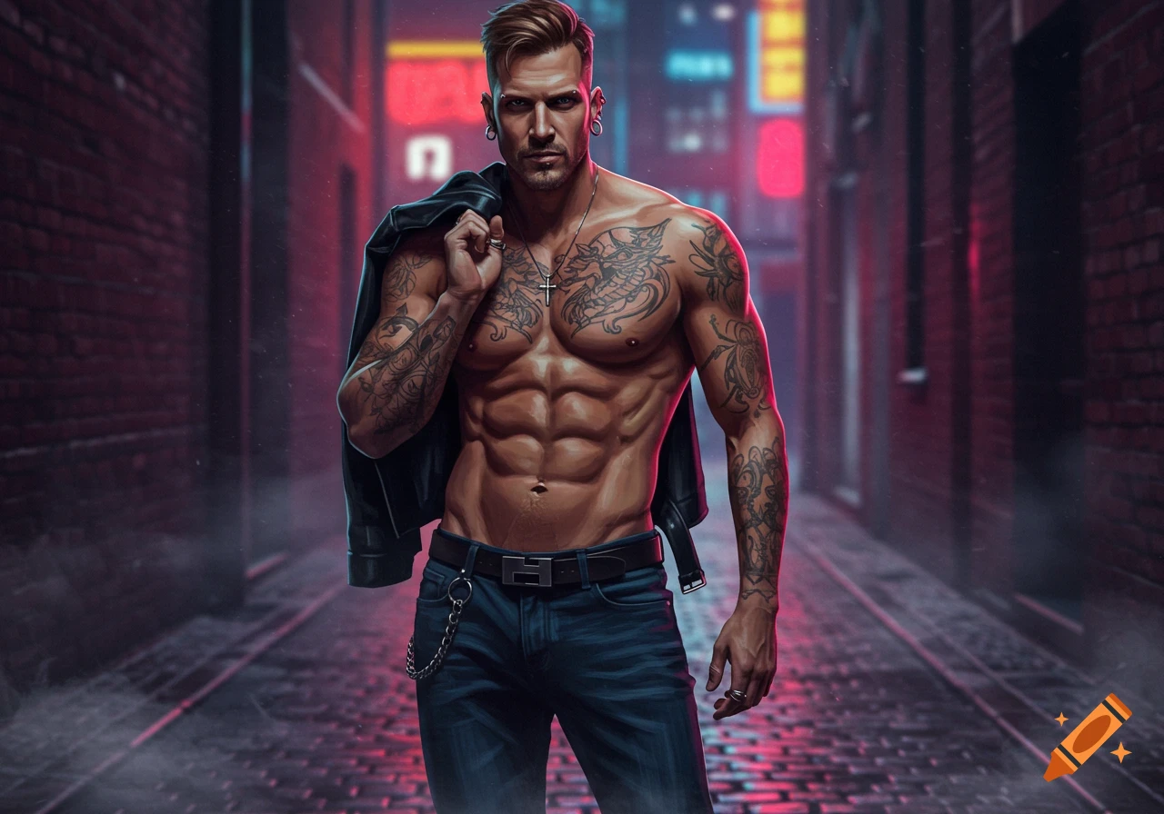 Muscular man with tattoos, wearing jeans and an open leather jacket, standing in a dark, neon-lit city alley.