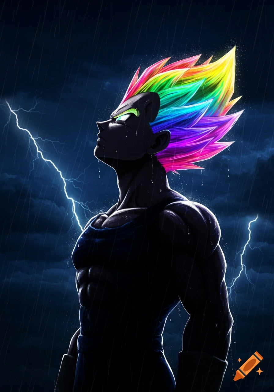 Vegeta with a vibrant rainbow mohawk looks up at a stormy, raining night sky with lightning flashes.