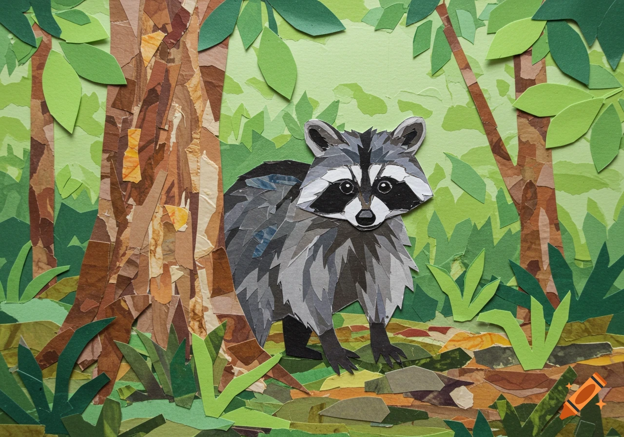 A raccoon stands in a lush forest, depicted in a charming paper collage style with cut-out shapes and textures.