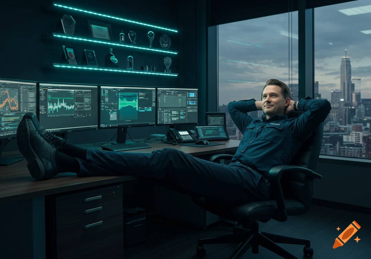 Photorealistic image of a man relaxing in a high-rise office, feet on desk, looking at a city skyline, with multiple computer monitors.