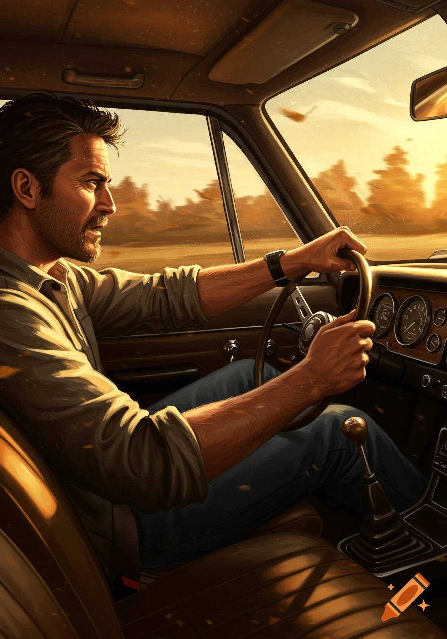Bearded man driving a vintage manual car during golden hour, illustrated.
