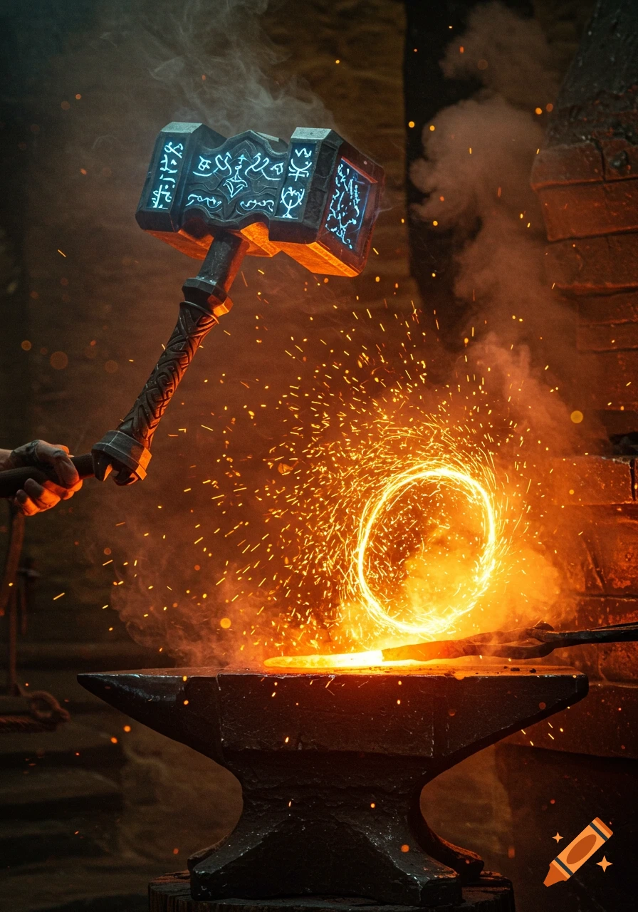 A glowing, ornate magic hammer strikes an anvil in a dark forge, creating a brilliant shower of orange sparks and a swirling ring of energy.