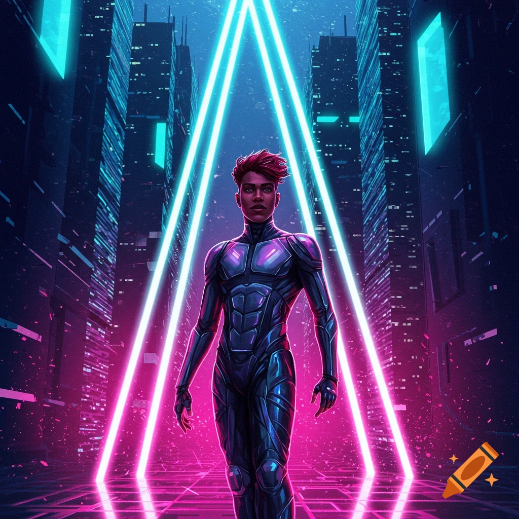 A person in a futuristic armored suit stands in a neon-lit cyberpunk city with glowing pink and blue triangles.