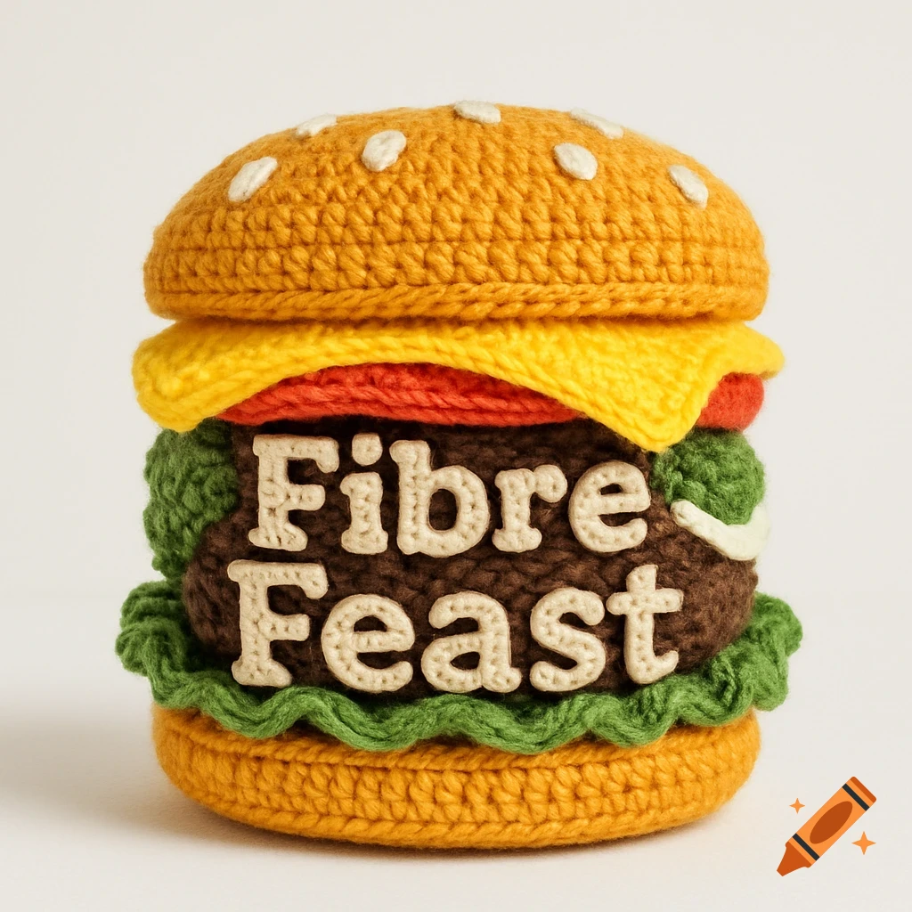 A photorealistic studio shot of a meticulously crafted crochet hamburger with 'Fibre Feast' text on the patty layer.