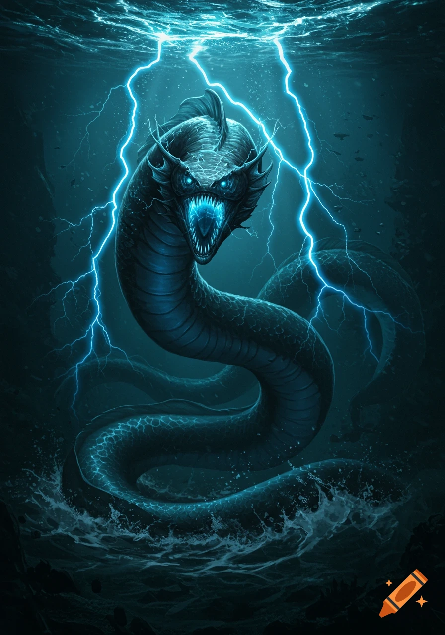 A colossal, serpentine eel-like creature with glowing blue eyes and fangs, surrounded by electric lightning in dark water.