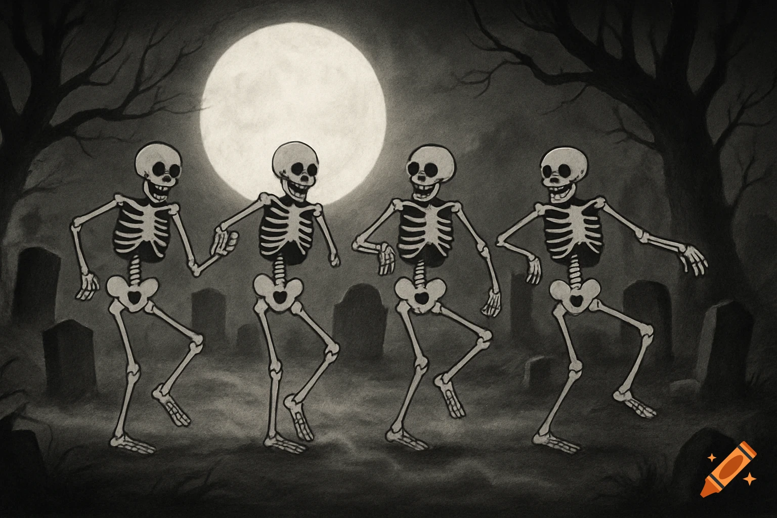 Four cartoon skeletons dance in a monochrome graveyard under a full moon, in a vintage animation style.