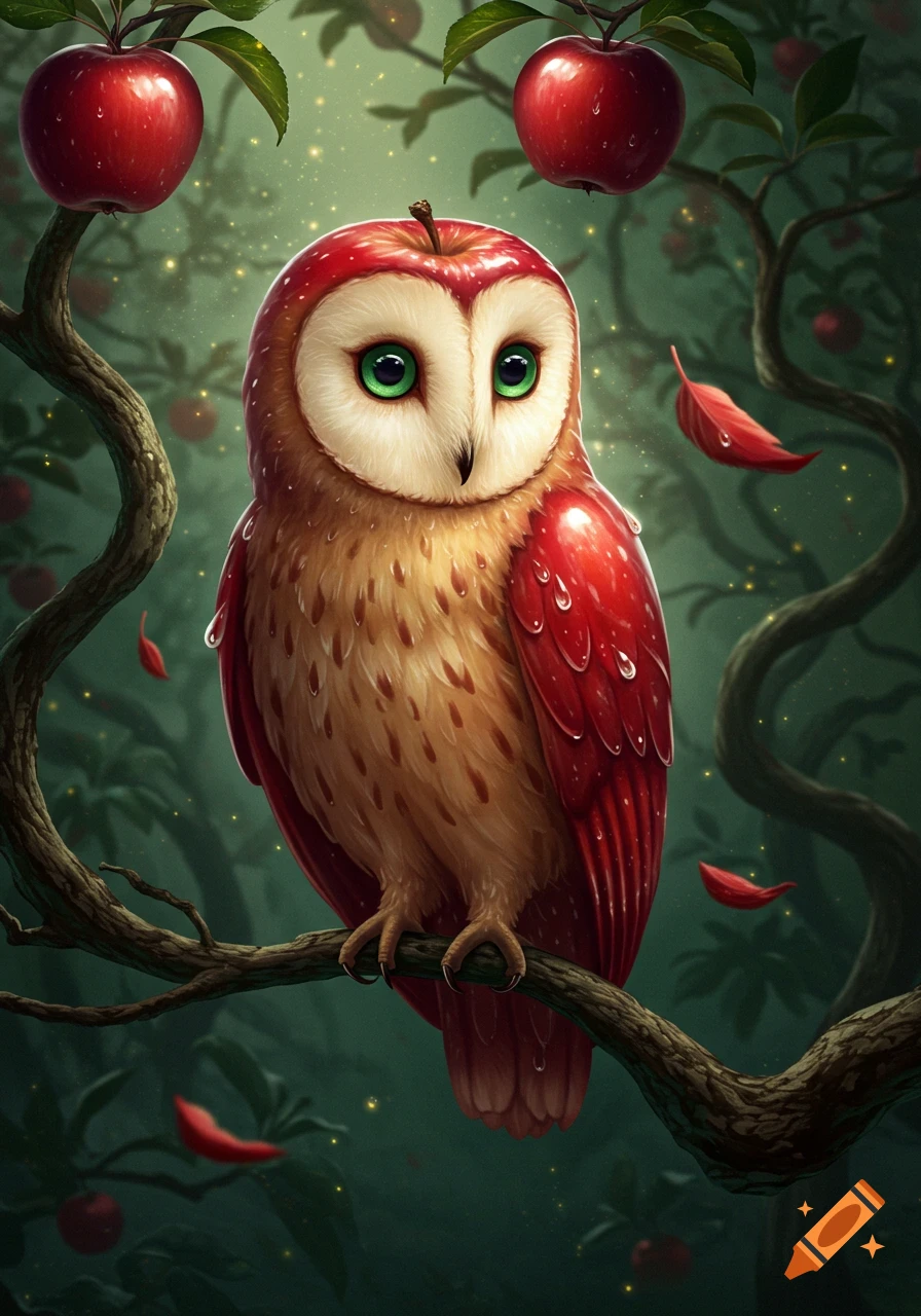 A whimsical apple-owl with bright green eyes perches on a tree branch in a magical forest, surrounded by red apples.