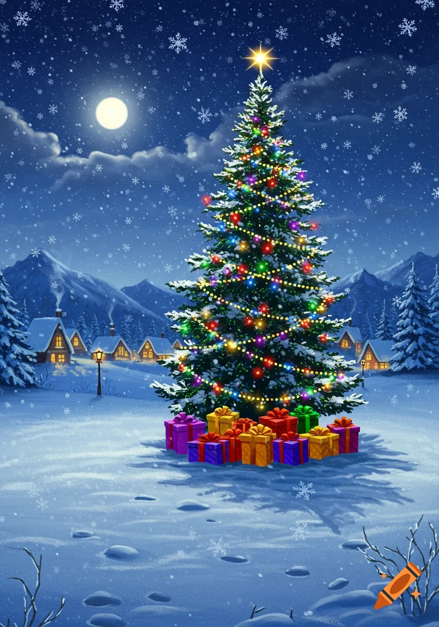 A vibrant Christmas tree adorned with colorful lights and gifts in a snowy village at night, with a full moon and falling snowflakes.