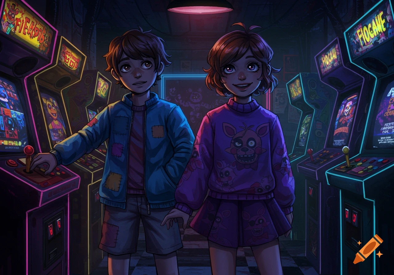 Two children, a boy and a girl, stand in a dimly lit arcade filled with glowing machines featuring Five Nights at Freddy's imagery.