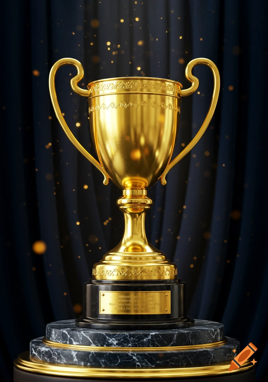 A shiny gold trophy with decorative handles stands on a black marble pedestal against a dark blue curtain background with golden sparkles.