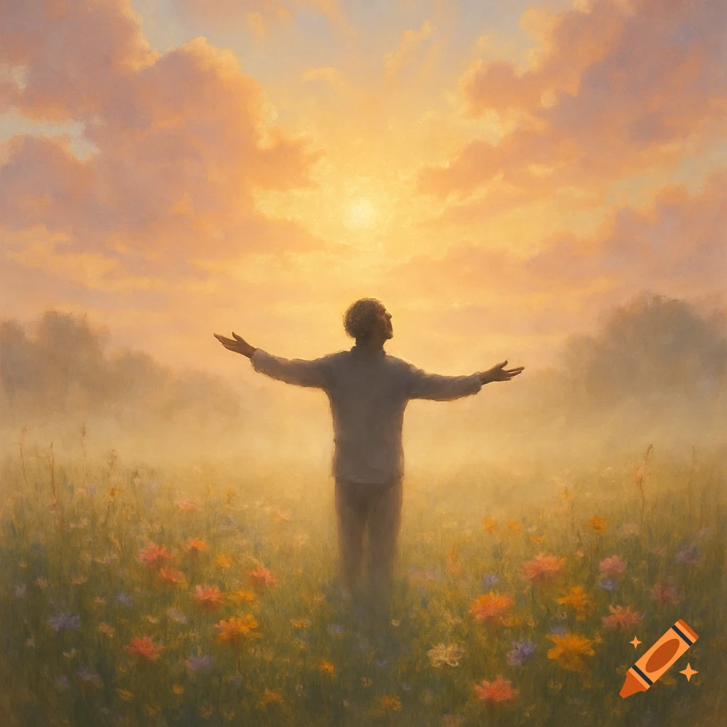 A person stands in a vibrant field of colorful flowers, arms outstretched towards a bright golden sunrise, enveloped in a gentle mist.