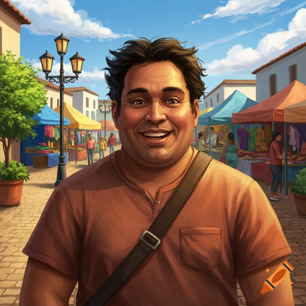 A smiling, chubby man with dark skin and freckles stands in a bustling outdoor market under a clear sky, rendered in a colorful illustration style.