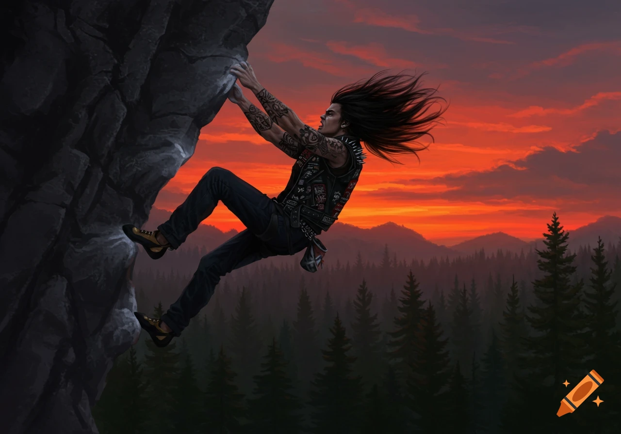 A metalhead with long hair and tattoos rock climbs a dark cliff against a dramatic orange and red sunset sky with a forest below.