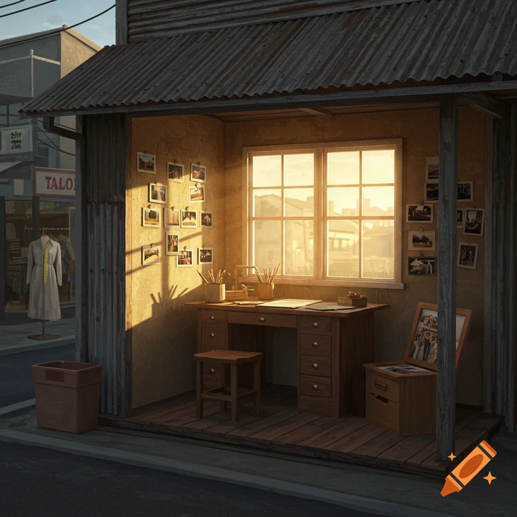 A cozy wooden desk by a sunny window in a small, rustic workshop, with photos pinned on the walls and a tailor's shop visible outside.