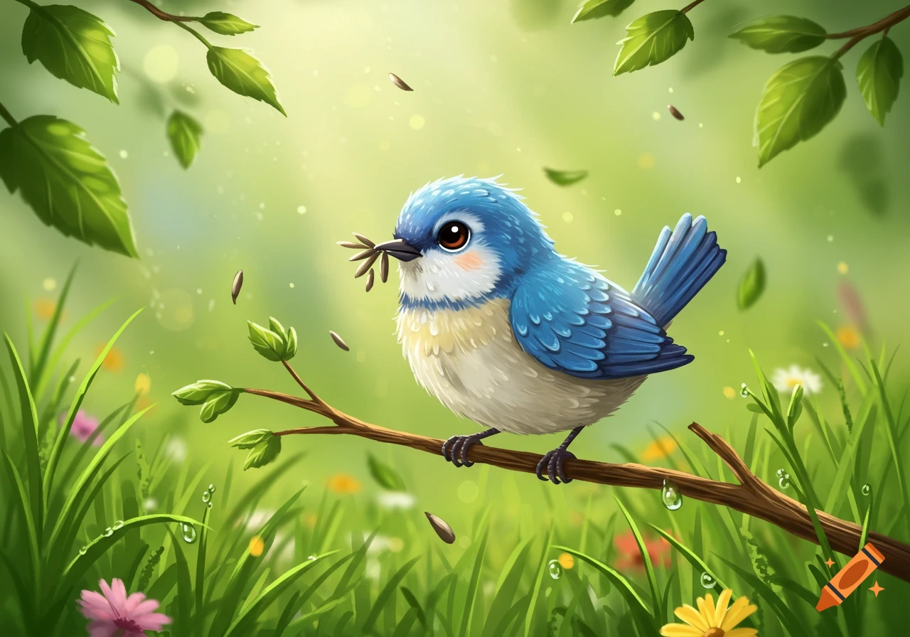 A cute blue and white cartoon bird sits on a branch, holding a mouthful of seeds in a vibrant green forest.