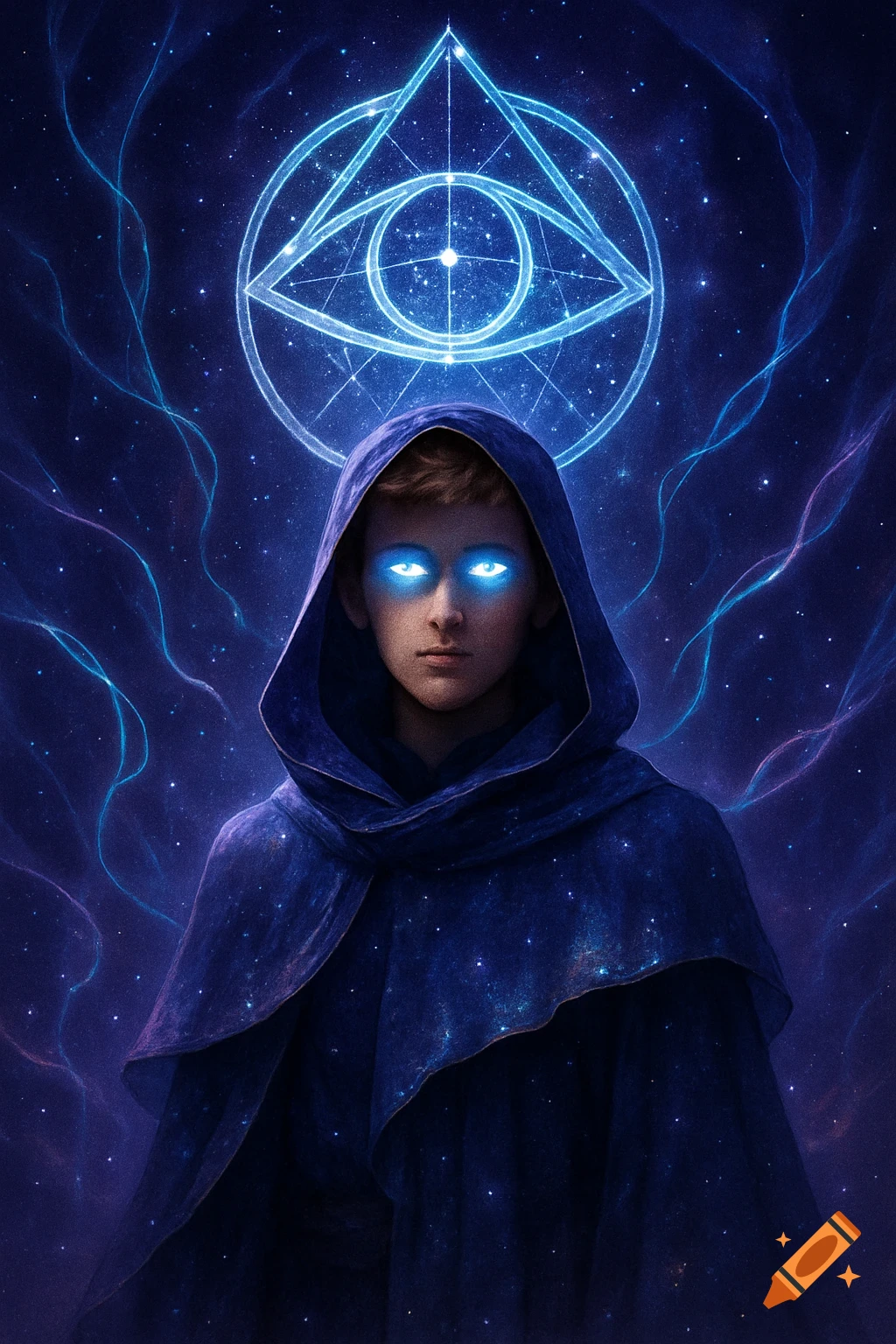A hooded figure with glowing blue eyes stands in a starry cosmic void, a glowing blue Eye of Providence symbol above their head.