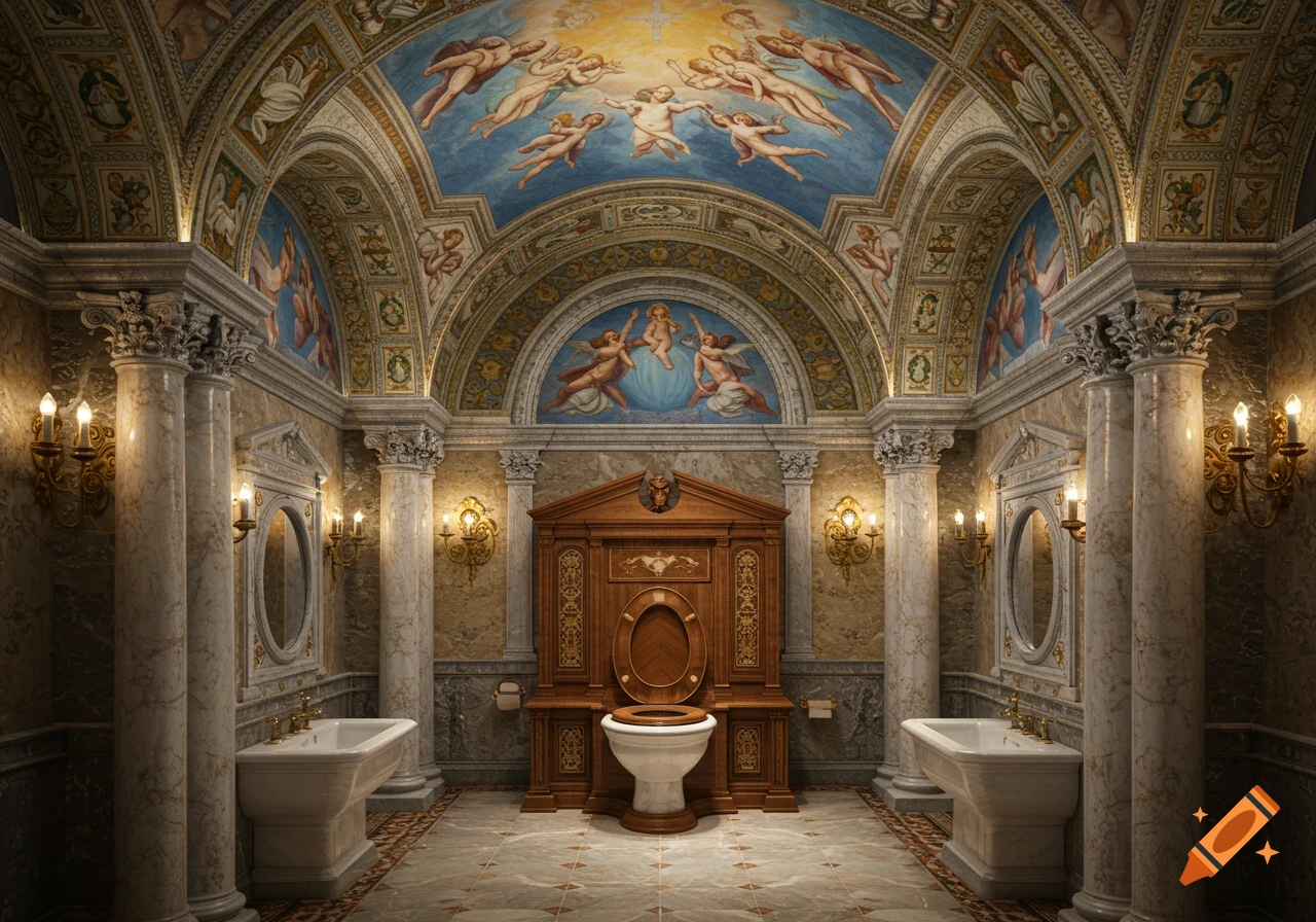 Ornate, chapel-like bathroom with marble columns, frescoed ceiling with angels, two sinks, and a decorative wooden toilet enclosure.