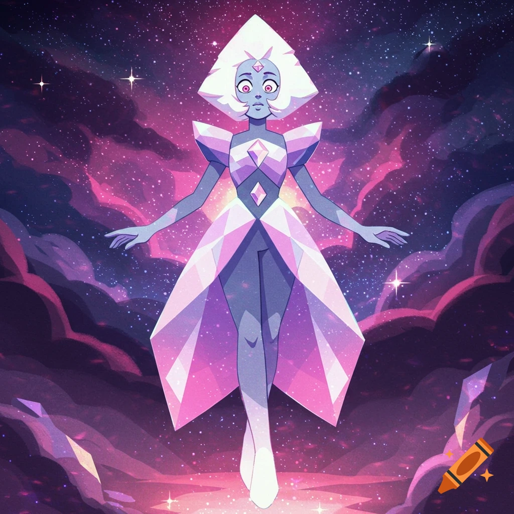 A cartoon character with white hair, blue skin, and a geometric pink and white dress floats in a starry purple and pink cosmic sky.