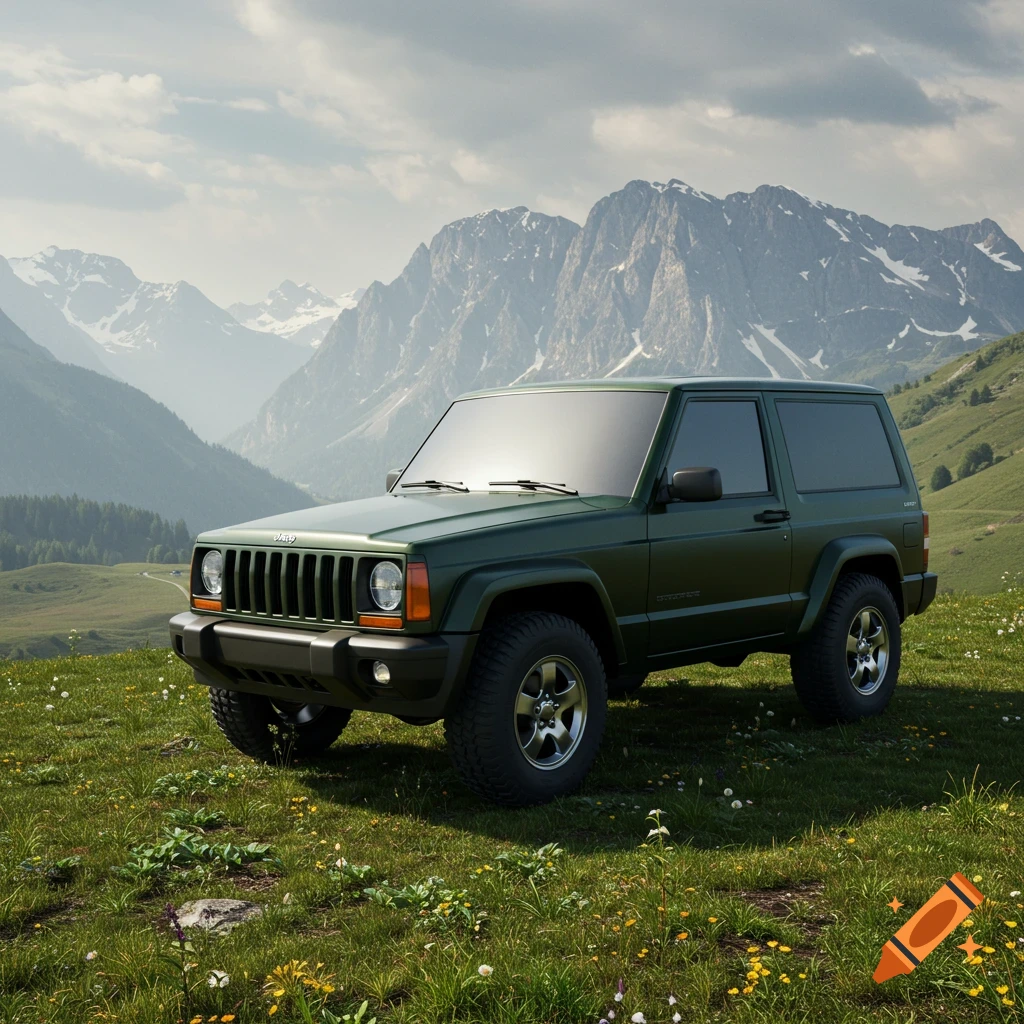 A photorealistic image of a dark green Jeep parked on a grassy hillside with snow-capped mountains under a cloudy sky.
