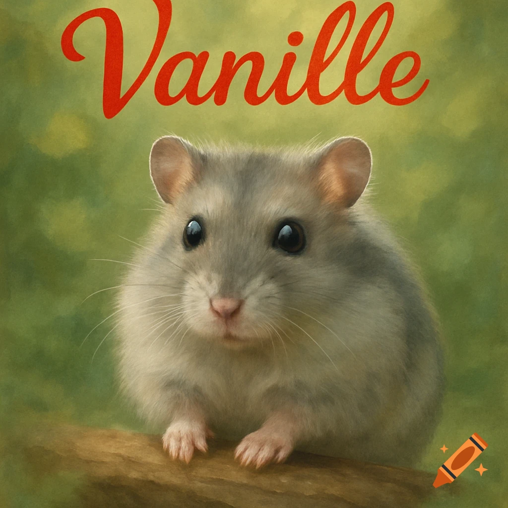 A photorealistic grey dwarf hamster looking forward, with 'Vanille' written in red script above its head on a green background.
