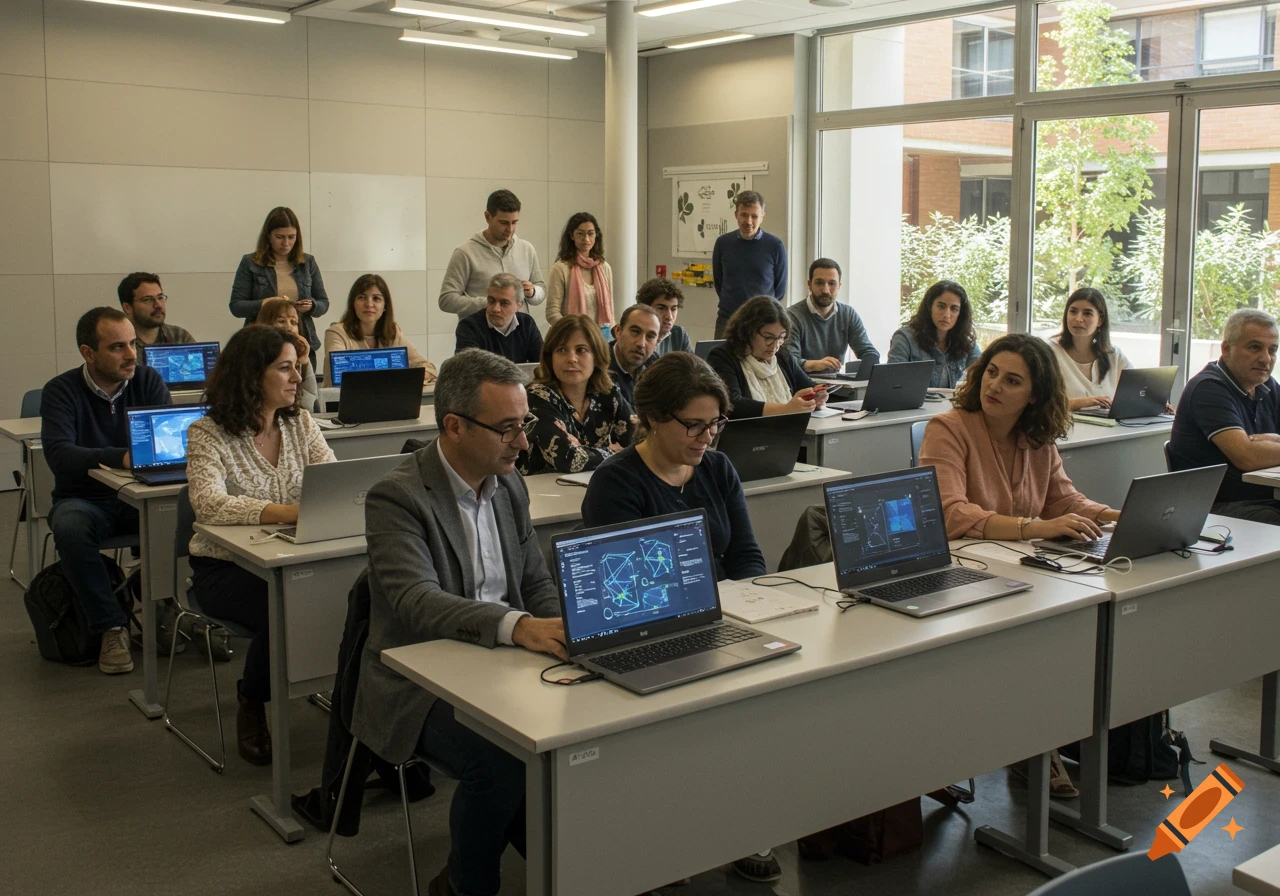 A diverse group of adults uses laptops in a bright, modern classroom during a workshop on artificial intelligence.