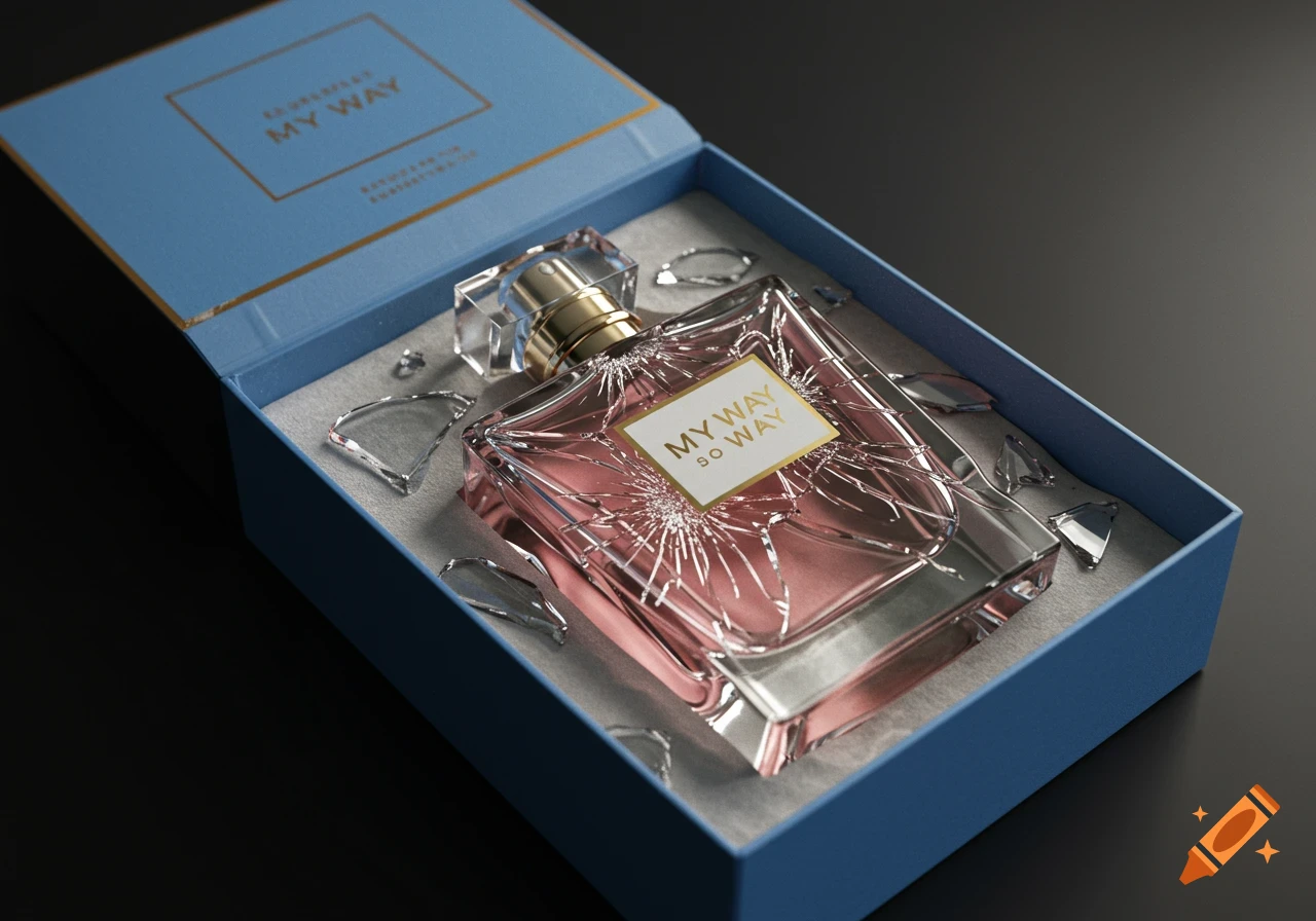 A broken My Way perfume bottle with pink liquid and gold accents, surrounded by glass shards, sits in an open blue presentation box.