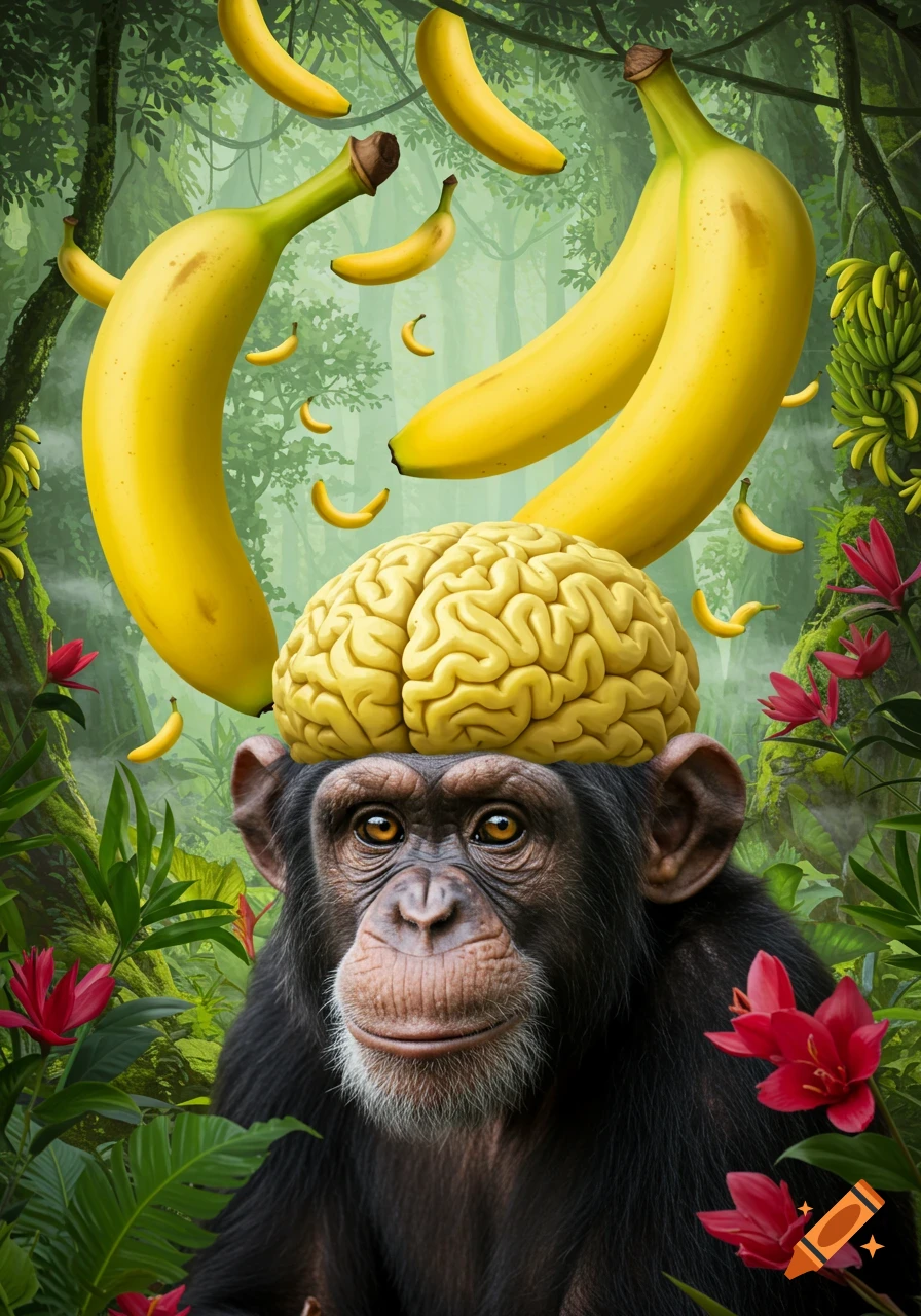 A photorealistic chimpanzee in a lush jungle wears a human brain as a hat, surrounded by falling bananas.