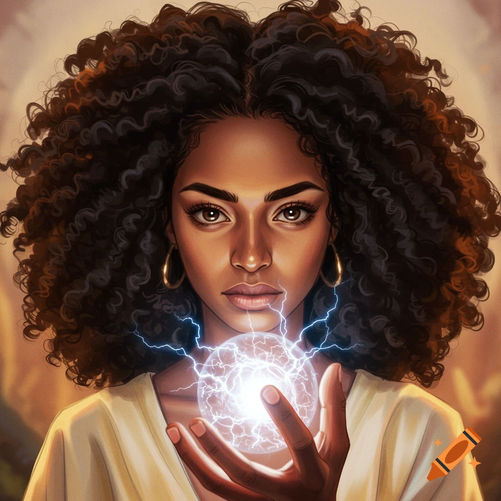 Close-up portrait of a mixed-race woman with dark curly hair and golden earrings, holding a glowing orb of light and electricity.
