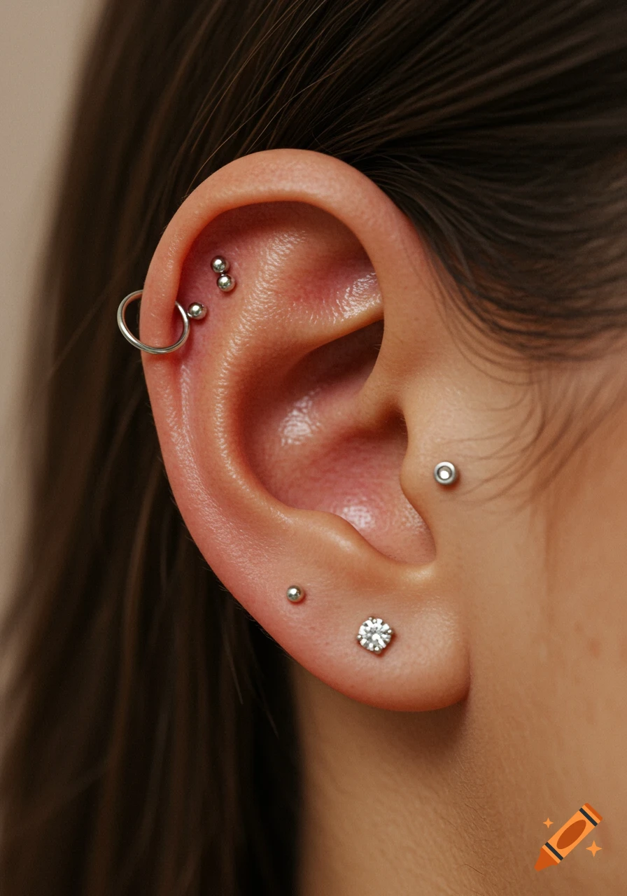 Close-up photo of an ear with a normal lobe piercing (diamond stud), a helix piercing (silver ring), and several other small silver ball piercings.