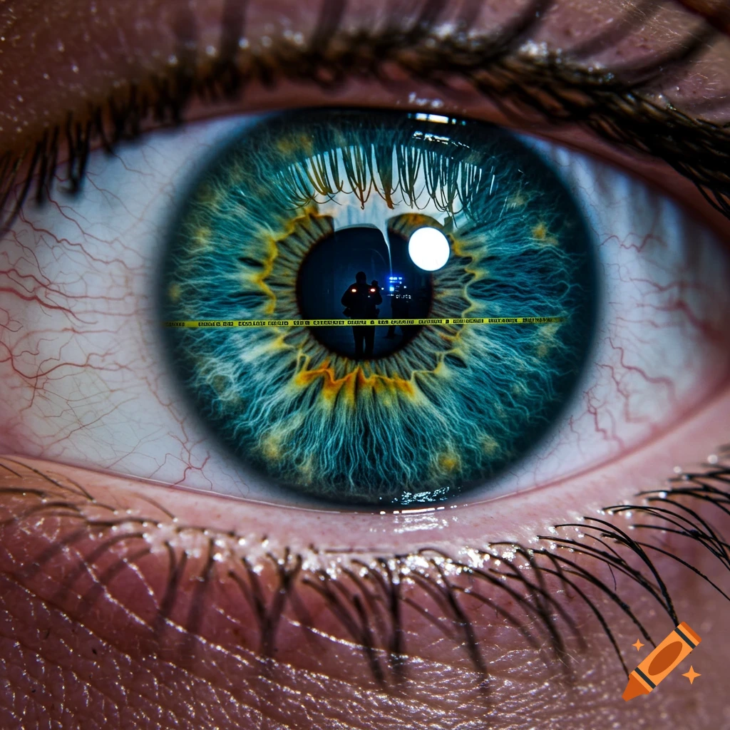 Hyper-realistic close-up of a human eye with a blue-green iris, reflecting a dark crime scene with silhouetted figures and yellow tape.