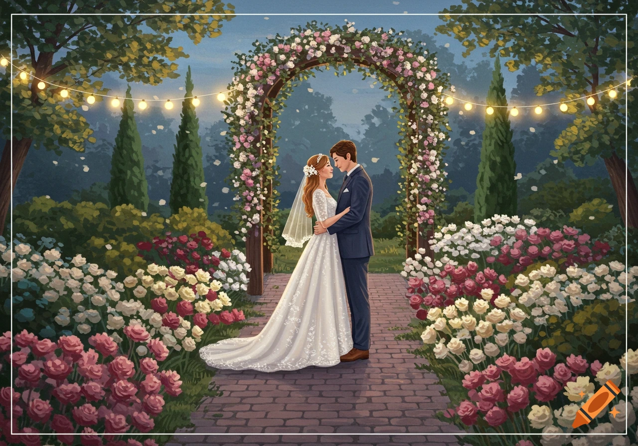 A wedding couple embraces under a floral arch in a lush garden with string lights and blooming roses, illustrative style.