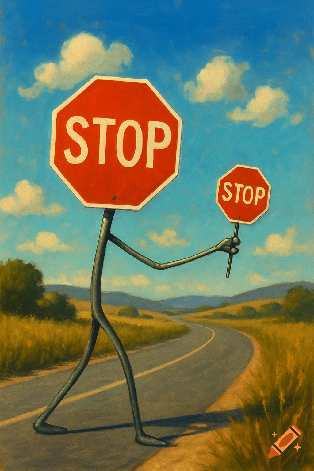 A large, anthropomorphic stop sign walks on a winding road, holding a smaller stop sign. Painterly style.